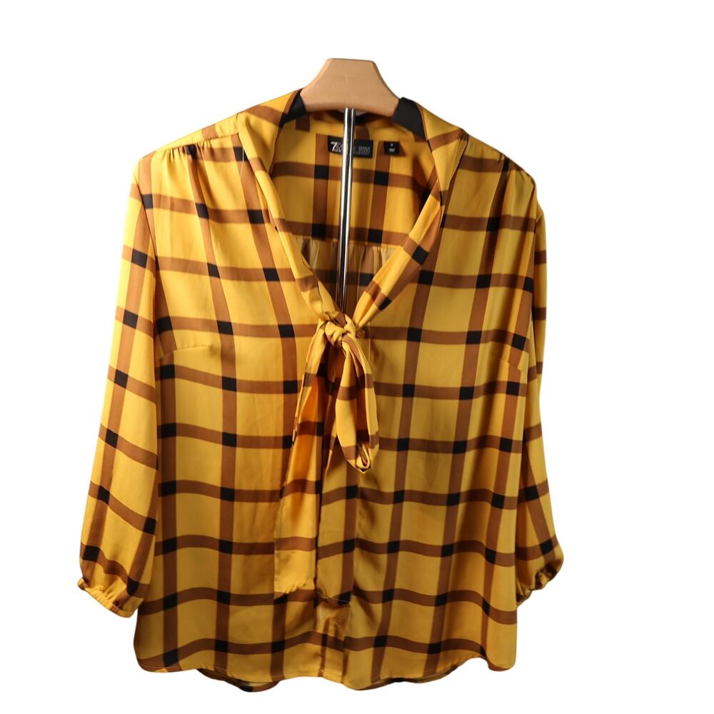 7th Ave New York & Company Blouse Yellow & Brown Plaid Tie-V-Neck 3/4 Sleeve M